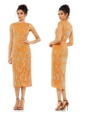 Mac Duggal | 70264 Saffron Orange Sequin Beaded Midi Cocktail Dress | NWT | Sz 0